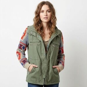 Thread Supply Sm Olive Green Utility Jacket Southwestern Aztec Knit Sleeve Hood
